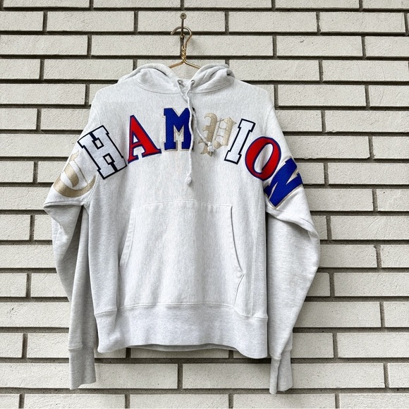 Champion Reverse Weave Hoodie Gray Old English Patch Spellout Sweatshirt Small - Picture 1 of 11